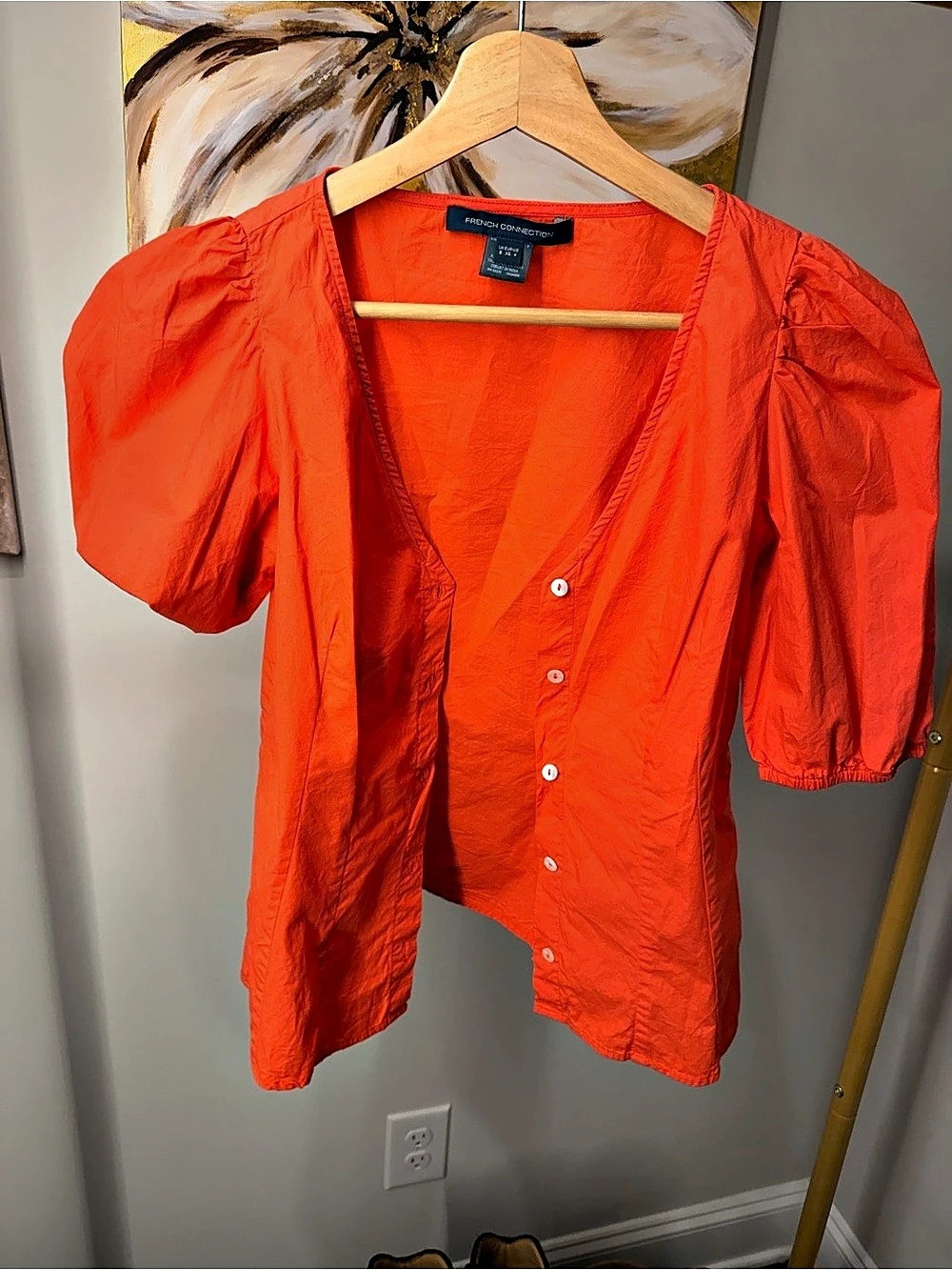 French Connection Cotton Puff Sleeve Blouse in Orange Size Small
